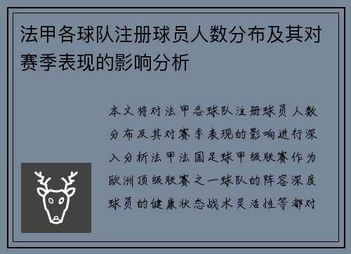 法甲各球队注册球员人数分布及其对赛季表现的影响分析