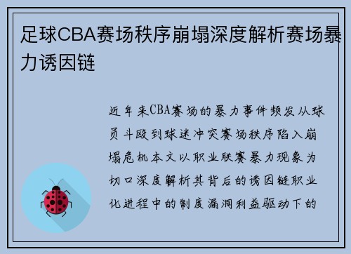 足球CBA赛场秩序崩塌深度解析赛场暴力诱因链
