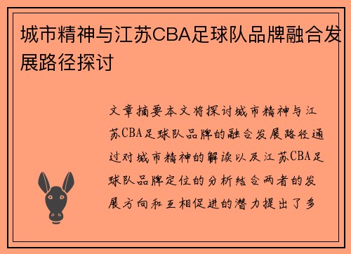 城市精神与江苏CBA足球队品牌融合发展路径探讨