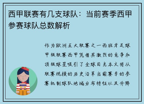 西甲联赛有几支球队：当前赛季西甲参赛球队总数解析