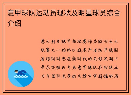 意甲球队运动员现状及明星球员综合介绍