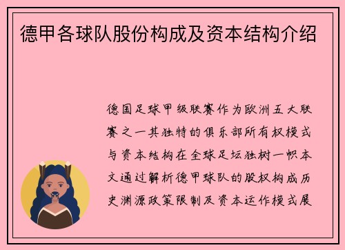 德甲各球队股份构成及资本结构介绍
