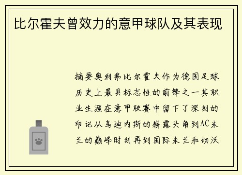 比尔霍夫曾效力的意甲球队及其表现