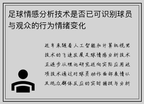足球情感分析技术是否已可识别球员与观众的行为情绪变化